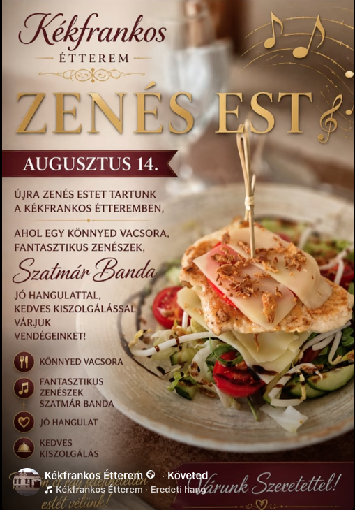 A Kékfrankos Étterem Zenés est statikus plakátja